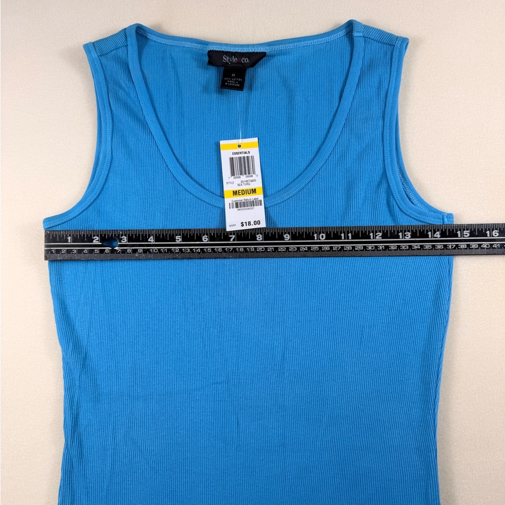 Essentials Blue Ribbed Scoop Neck Tank Top Medium NWT - Picture 5 of 6
